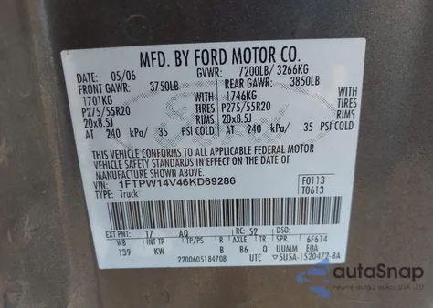 2006 Ford F-150 Fx4/Lariat/Xlt z USA, uszkodzony, nr VIN 1FTPW14V46KD69286